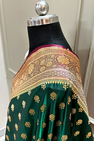 Bottle Green and Red Zari Katan Silk Banarasi Saree