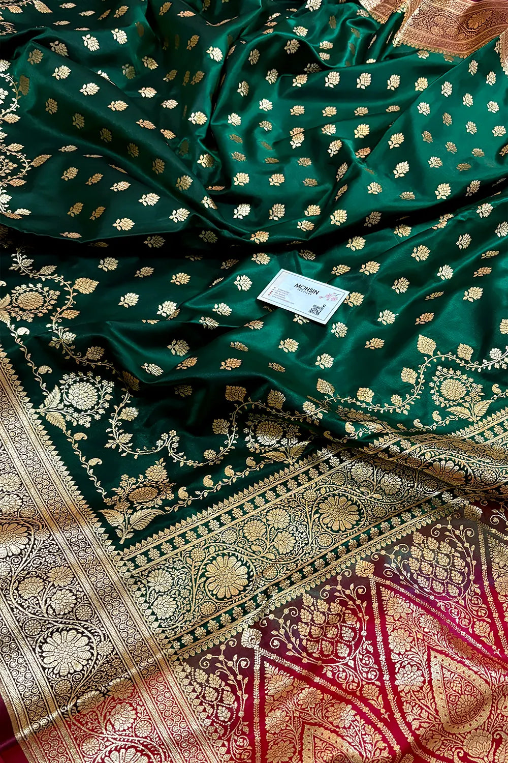 Bottle Green and Red Zari Katan Silk Banarasi Saree