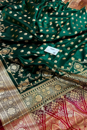 Bottle Green and Red Zari Katan Silk Banarasi Saree