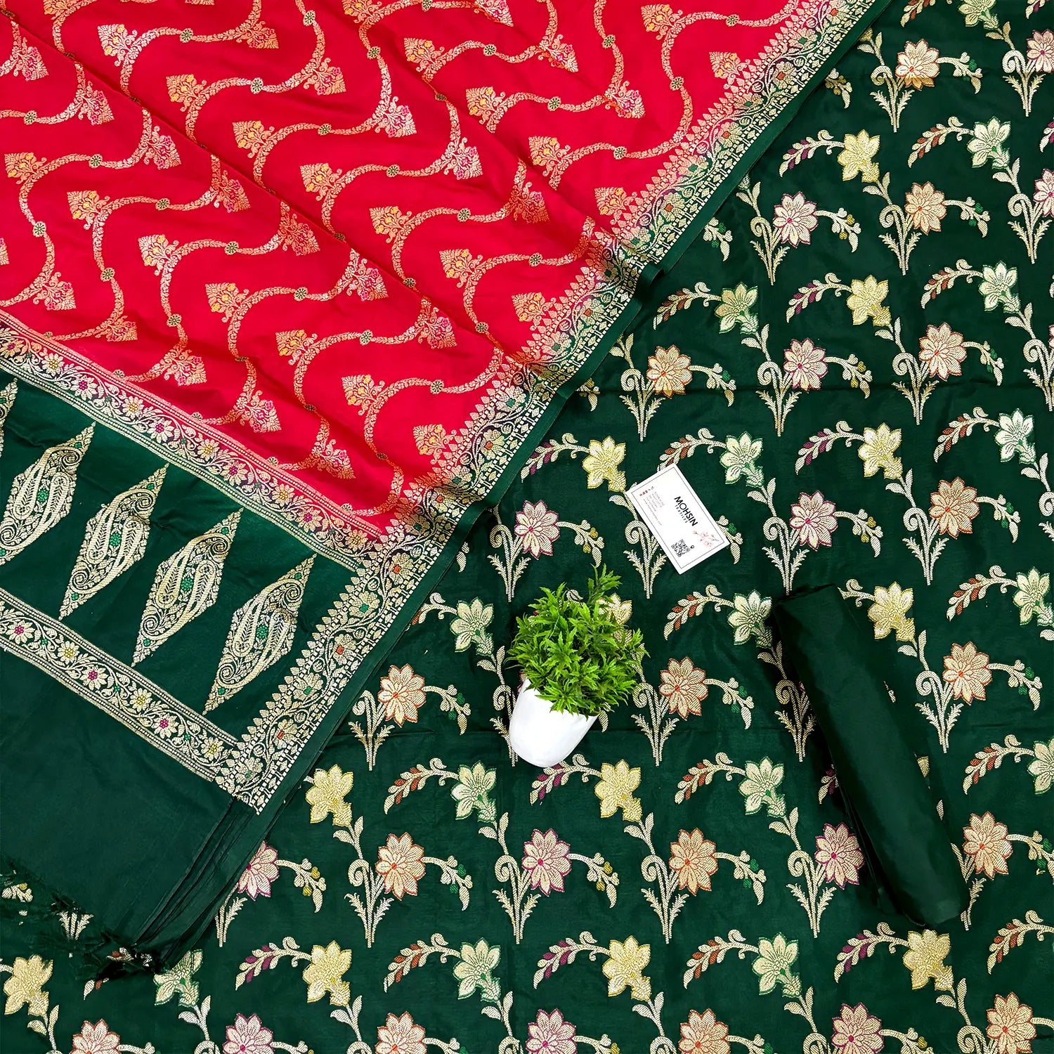 Bottle Green and Red Zari Katan Silk Banarasi Suit