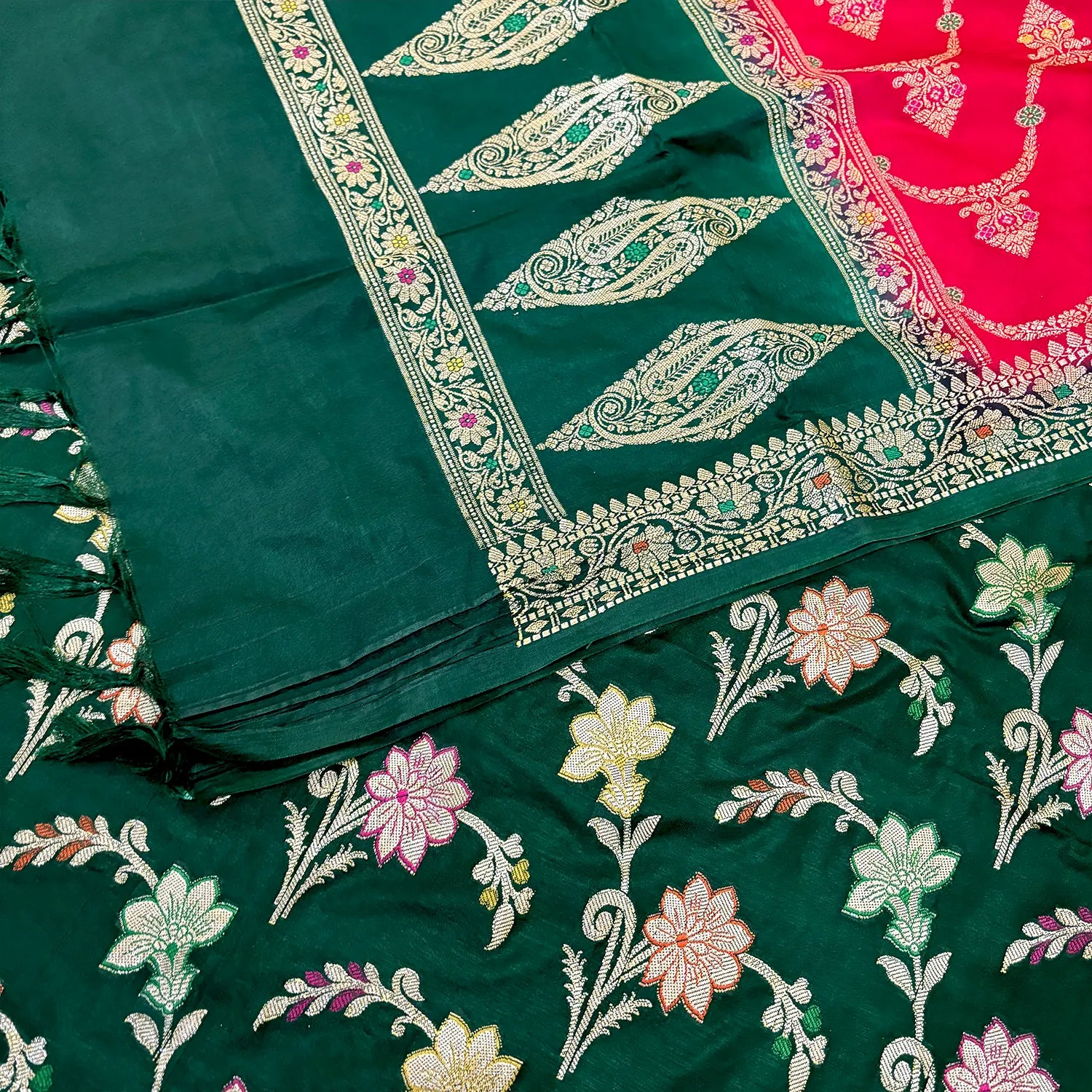 Bottle Green and Red Zari Katan Silk Banarasi Suit