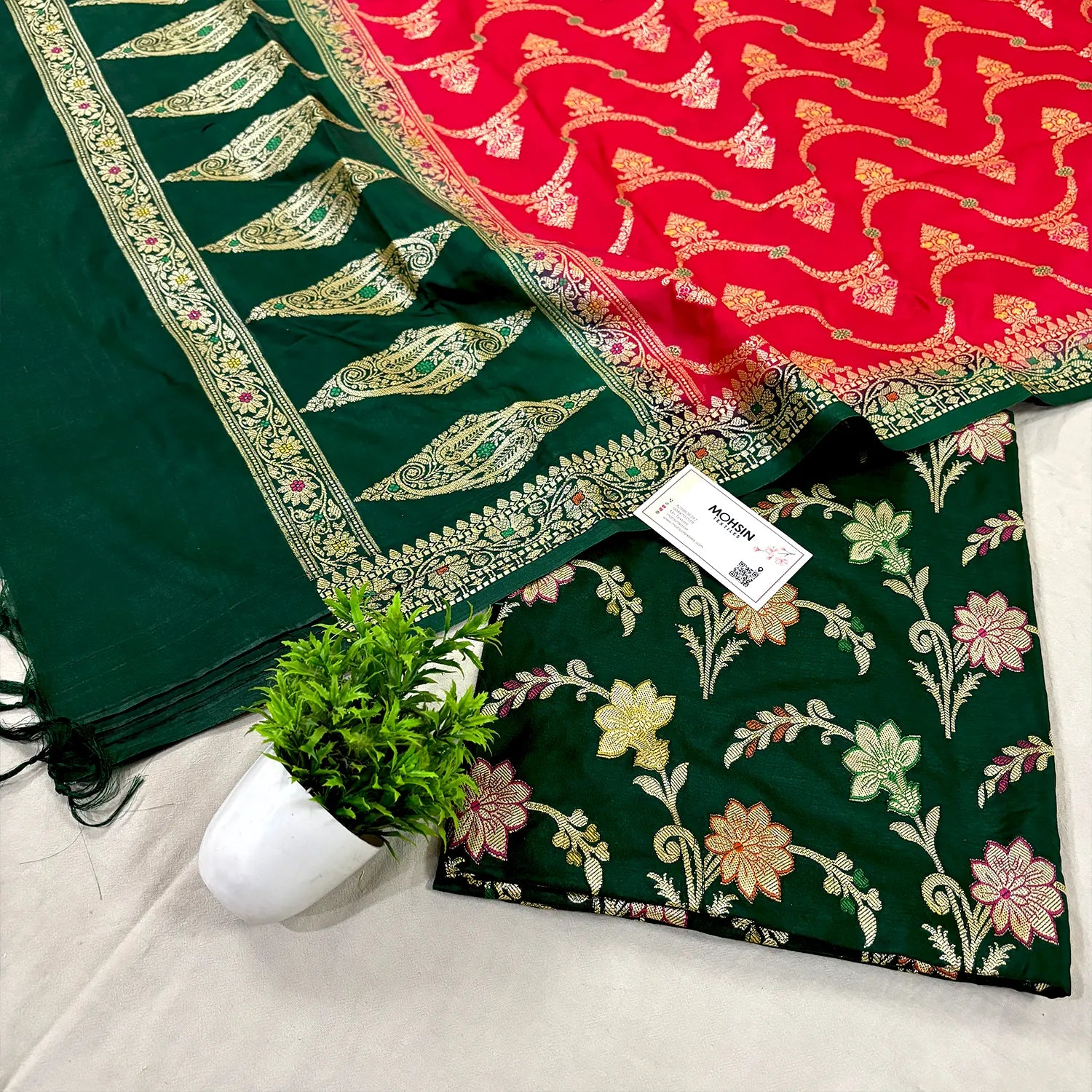Bottle Green and Red Zari Katan Silk Banarasi Suit