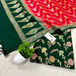 Bottle Green and Red Zari Katan Silk Banarasi Suit