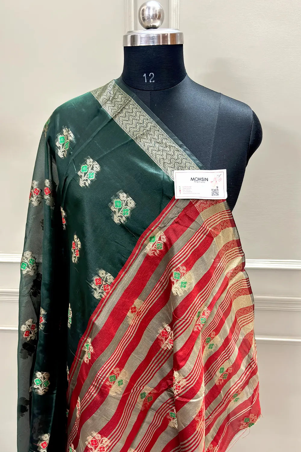 Bottle Green and Red Zari Resham Silk Banarasi Saree