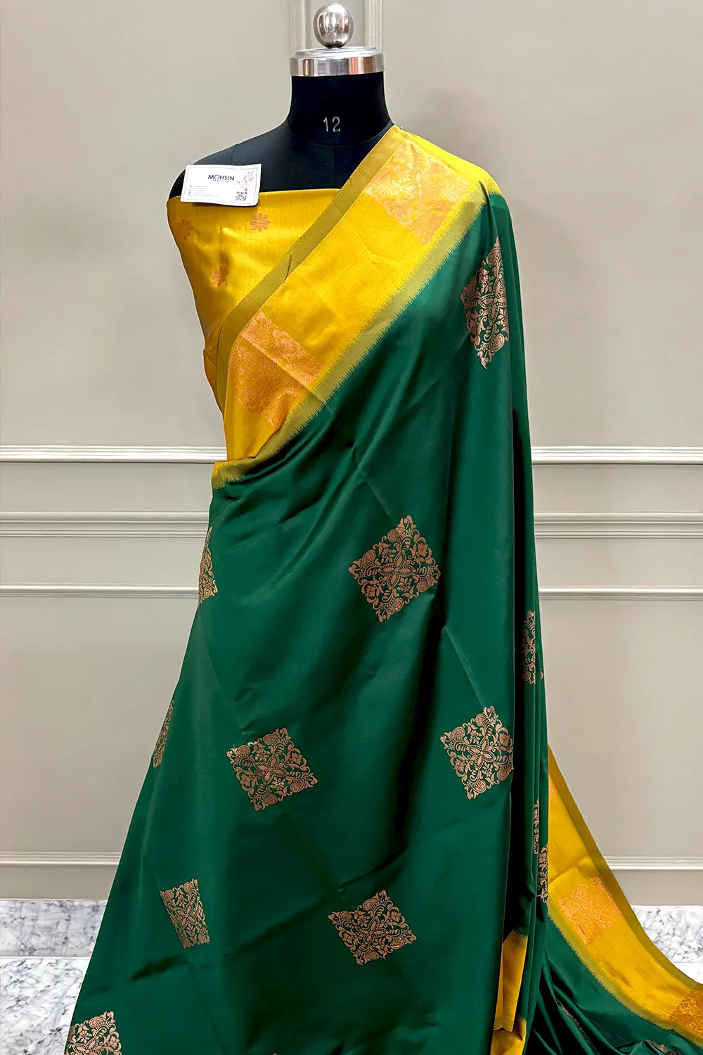 Bottle Green and Yellow Zari Silk Banarasi Saree