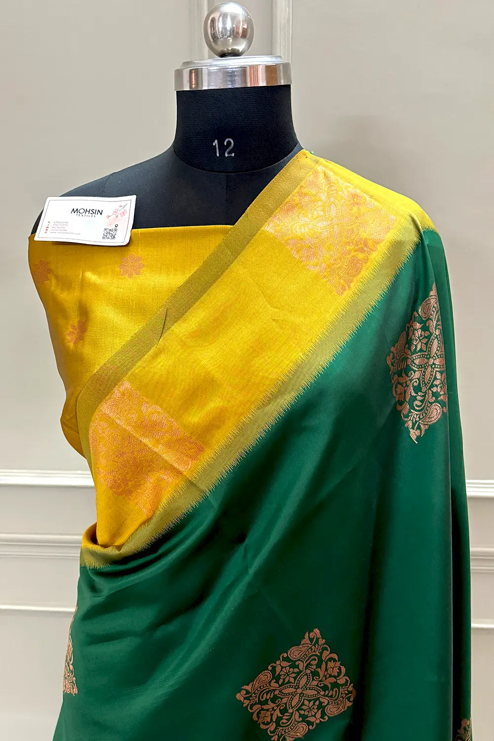 Bottle Green and Yellow Zari Silk Banarasi Saree