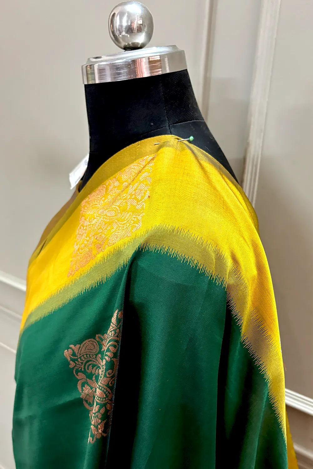 Bottle Green and Yellow Zari Silk Banarasi Saree