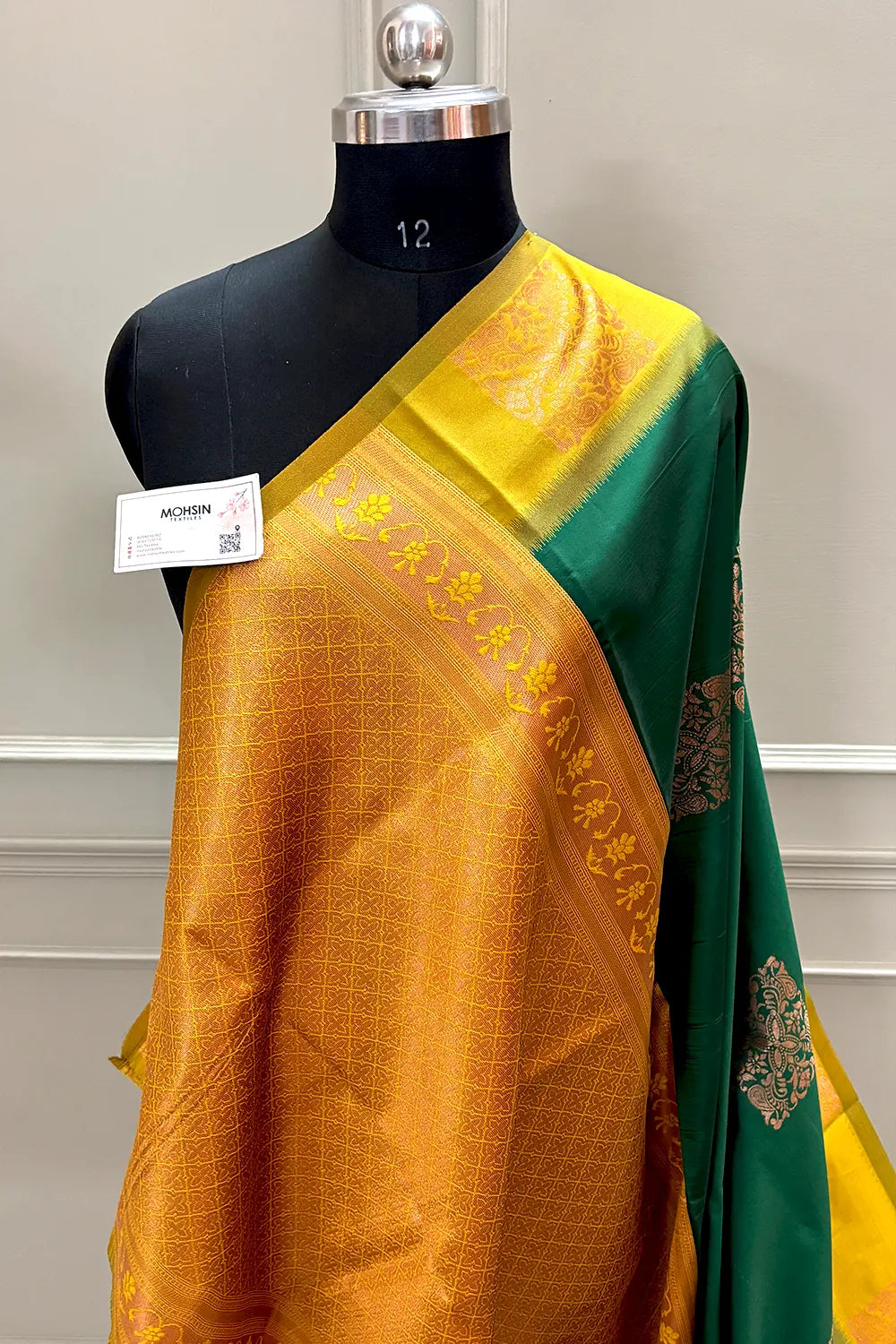 Bottle Green and Yellow Zari Silk Banarasi Saree