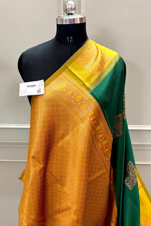 Bottle Green and Yellow Zari Silk Banarasi Saree