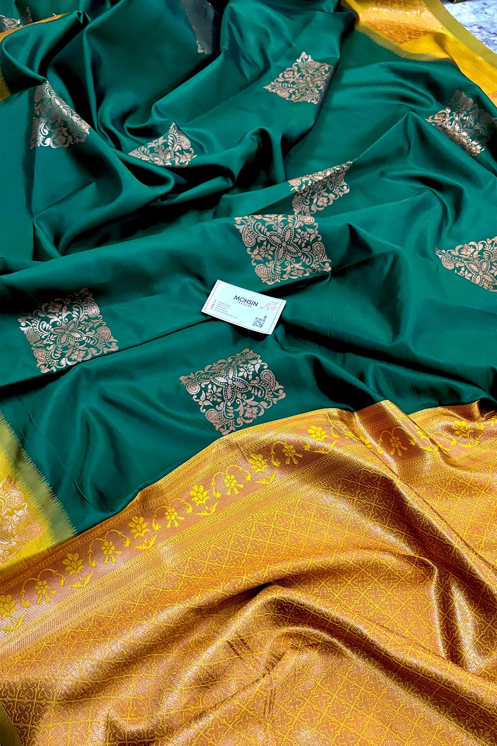Bottle Green and Yellow Zari Silk Banarasi Saree