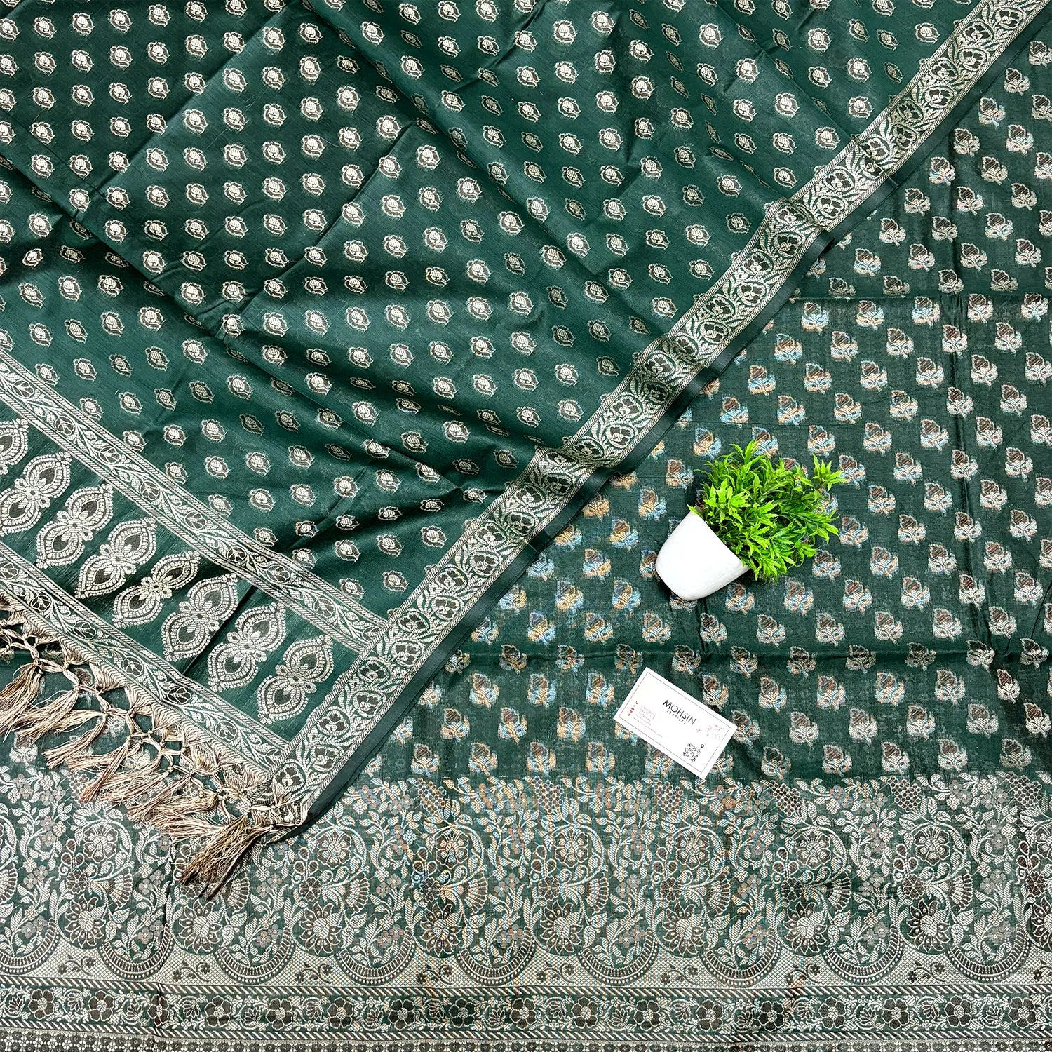 Angori Spring Bottle Green Angoori Buti Cotton Silk Banarasi Suit – Mohsin Textiles