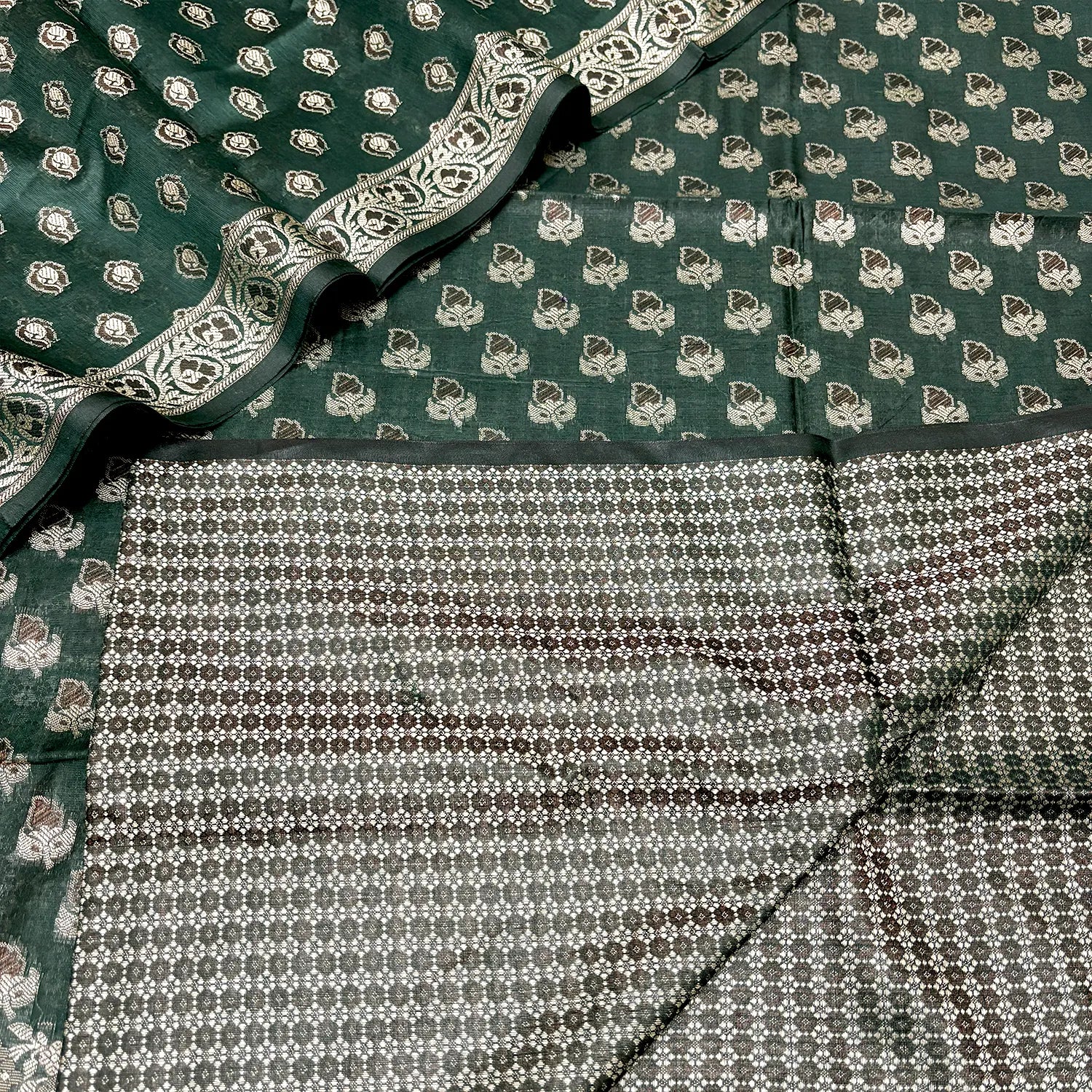 Bottle Green Angoori Buti Cotton Silk Banarasi Suit