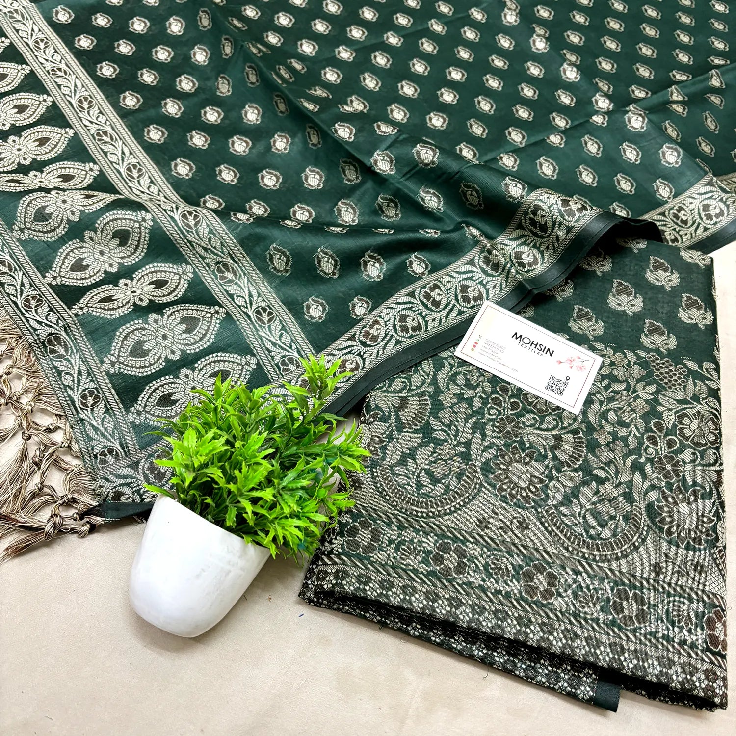 Bottle Green Angoori Buti Cotton Silk Banarasi Suit
