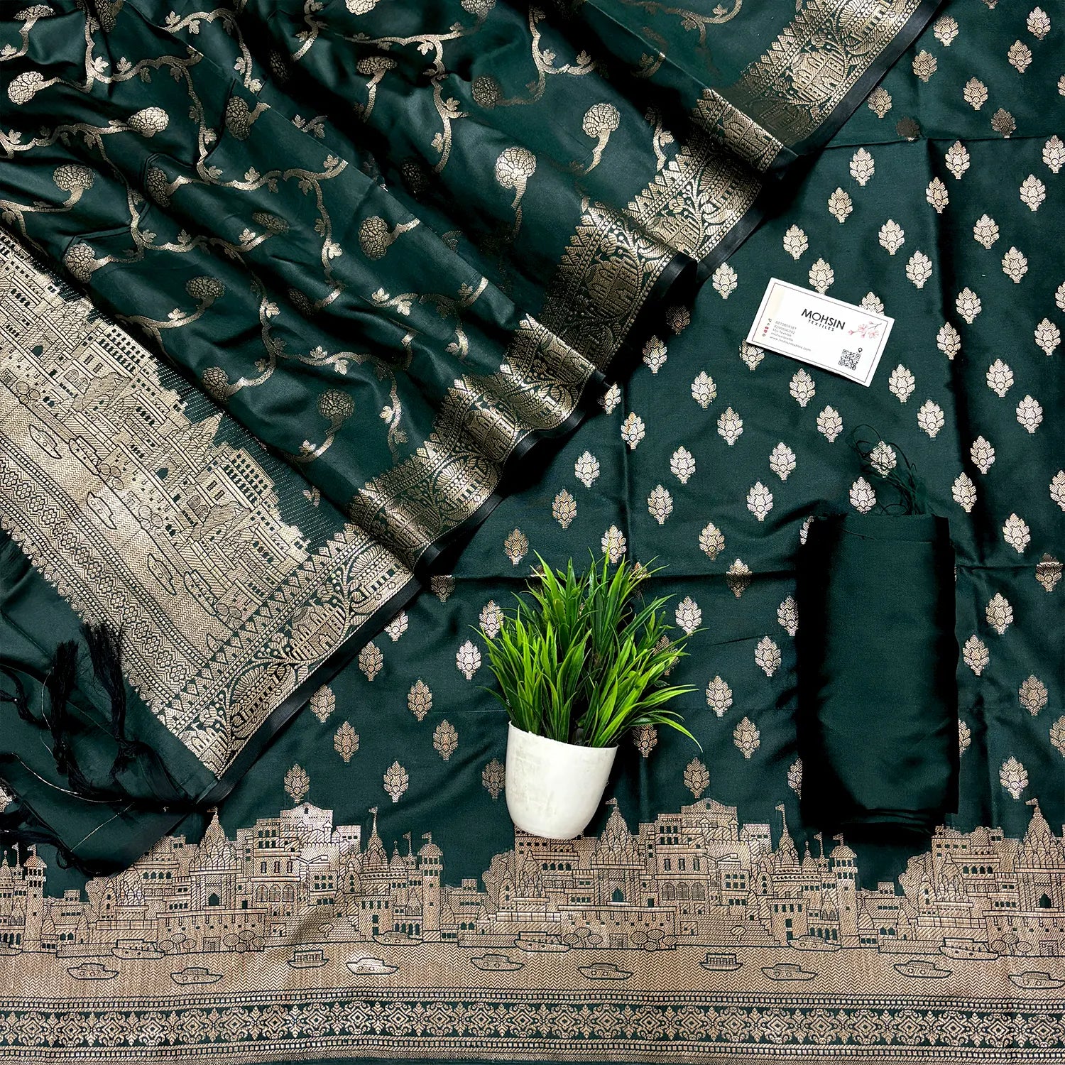 Bottle Green Assi Ghat Mandir Semi Katan Silk Banarasi Suit