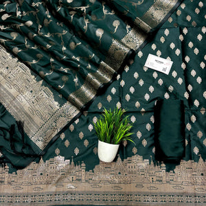 Bottle Green Assi Ghat Mandir Semi Katan Silk Banarasi Suit