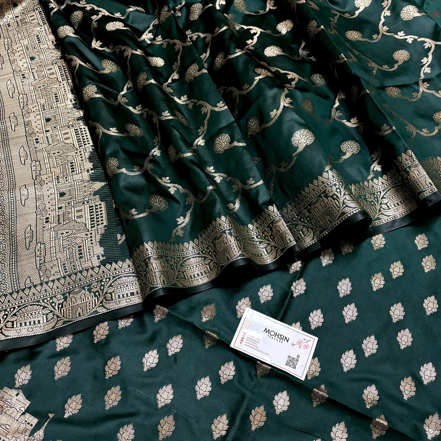 Bottle Green Assi Ghat Mandir Semi Katan Silk Banarasi Suit