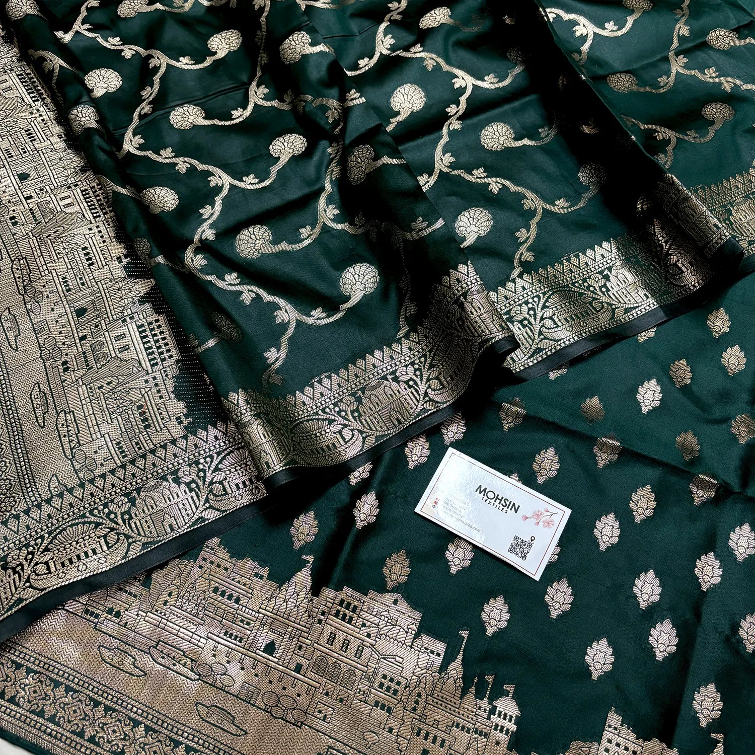 Bottle Green Assi Ghat Mandir Semi Katan Silk Banarasi Suit