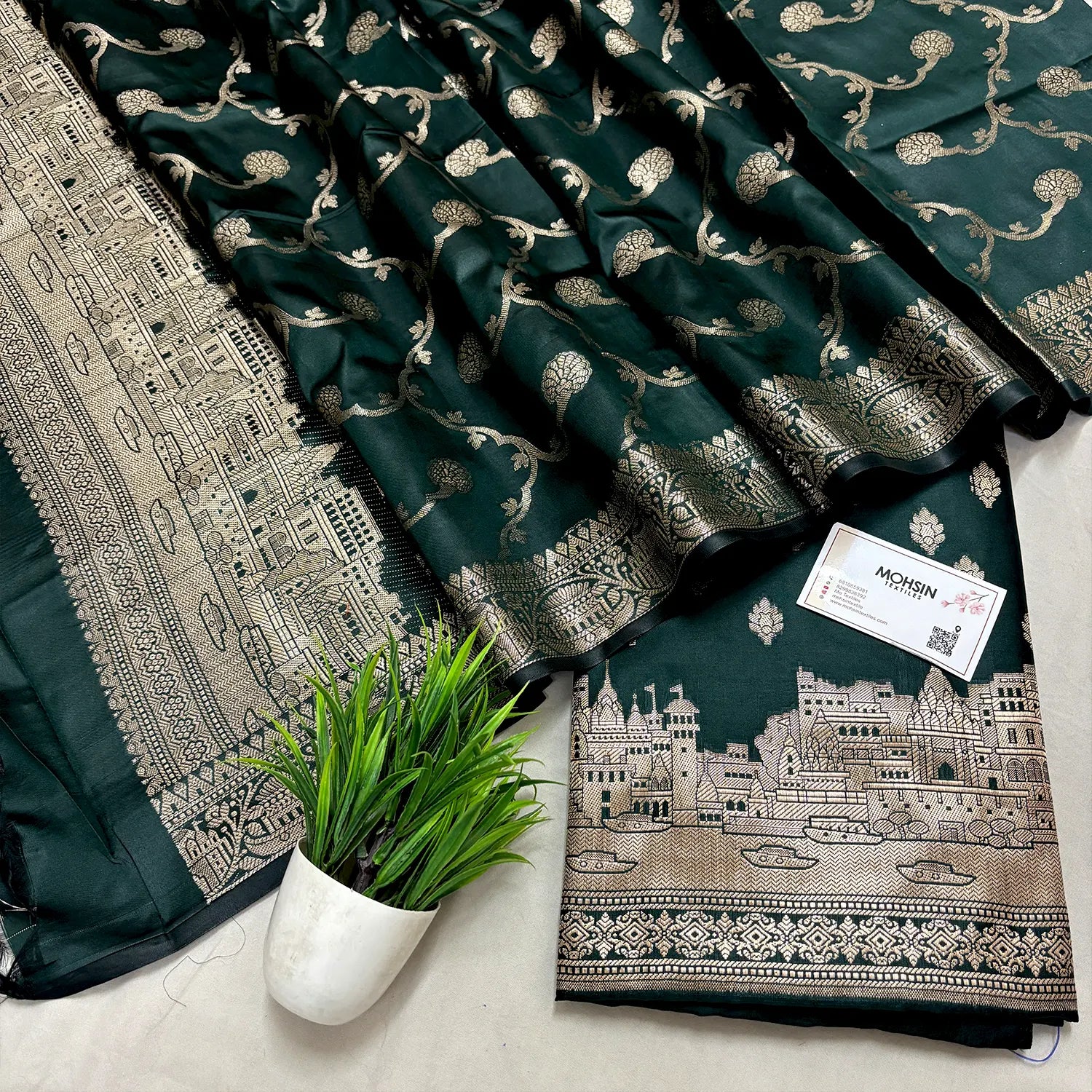 Bottle Green Assi Ghat Mandir Semi Katan Silk Banarasi Suit
