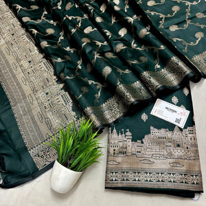 Bottle Green Assi Ghat Mandir Semi Katan Silk Banarasi Suit
