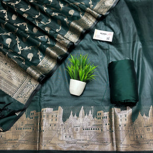Bottle Green Assi Ghat Plain Semi Katan Silk Banarasi Suit