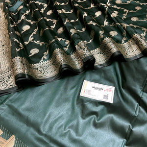 Bottle Green Assi Ghat Plain Semi Katan Silk Banarasi Suit