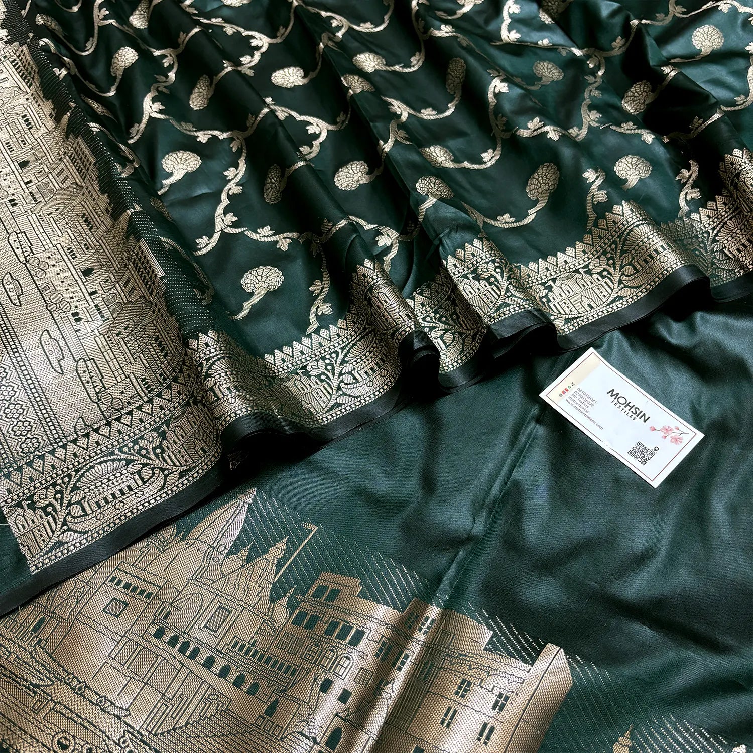 Bottle Green Assi Ghat Plain Semi Katan Silk Banarasi Suit