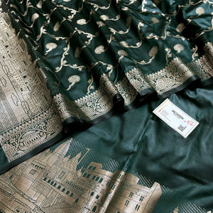 Bottle Green Assi Ghat Plain Semi Katan Silk Banarasi Suit