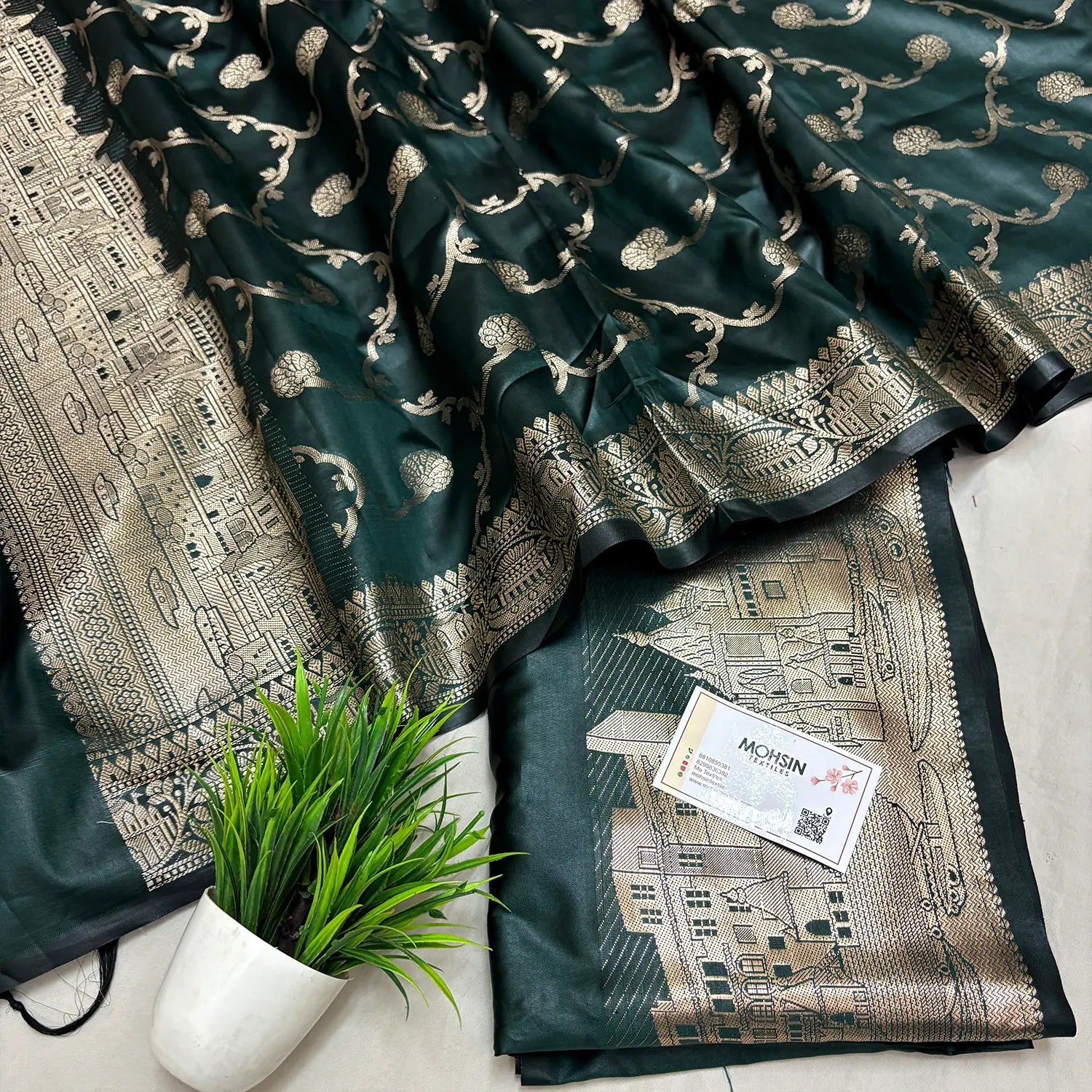 Bottle Green Assi Ghat Plain Semi Katan Silk Banarasi Suit