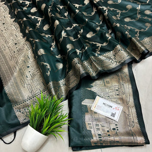 Bottle Green Assi Ghat Plain Semi Katan Silk Banarasi Suit