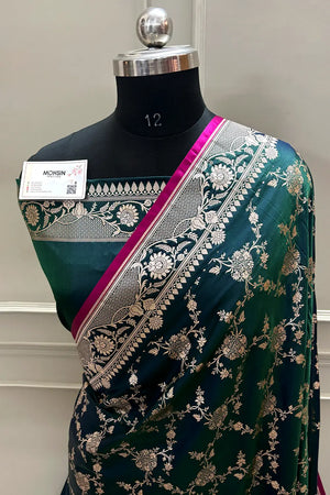 Bottle Green Auda Jhanjaal Katan Mashru Silk Banarasi Saree