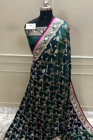 Bottle Green Auda Jhanjaal Katan Mashru Silk Banarasi Saree