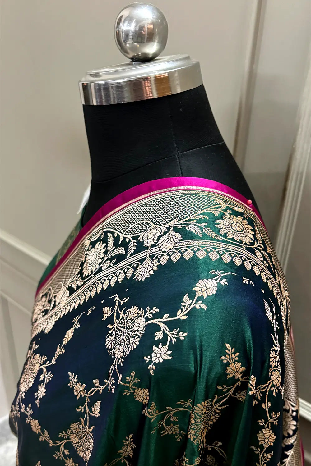 Bottle Green Auda Jhanjaal Katan Mashru Silk Banarasi Saree
