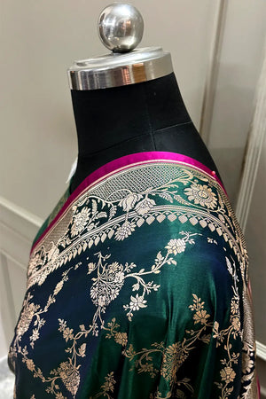Bottle Green Auda Jhanjaal Katan Mashru Silk Banarasi Saree