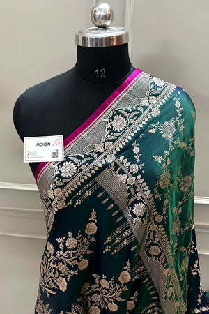 Bottle Green Auda Jhanjaal Katan Mashru Silk Banarasi Saree