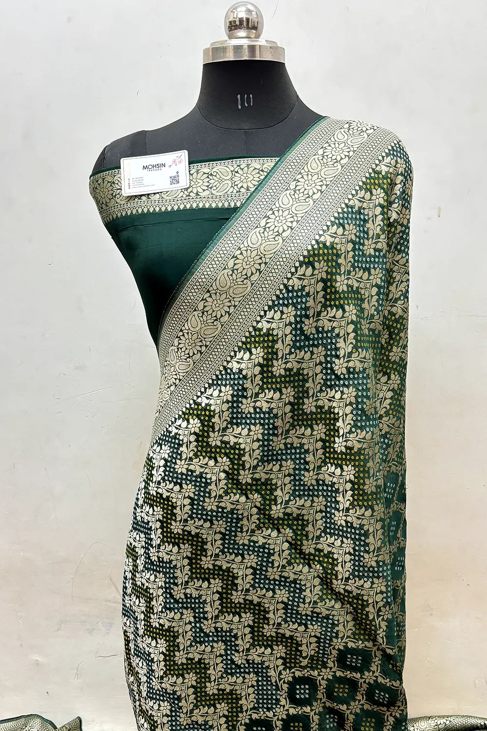 Bottle Green Bandhej Georgette Silk Banarasi Saree