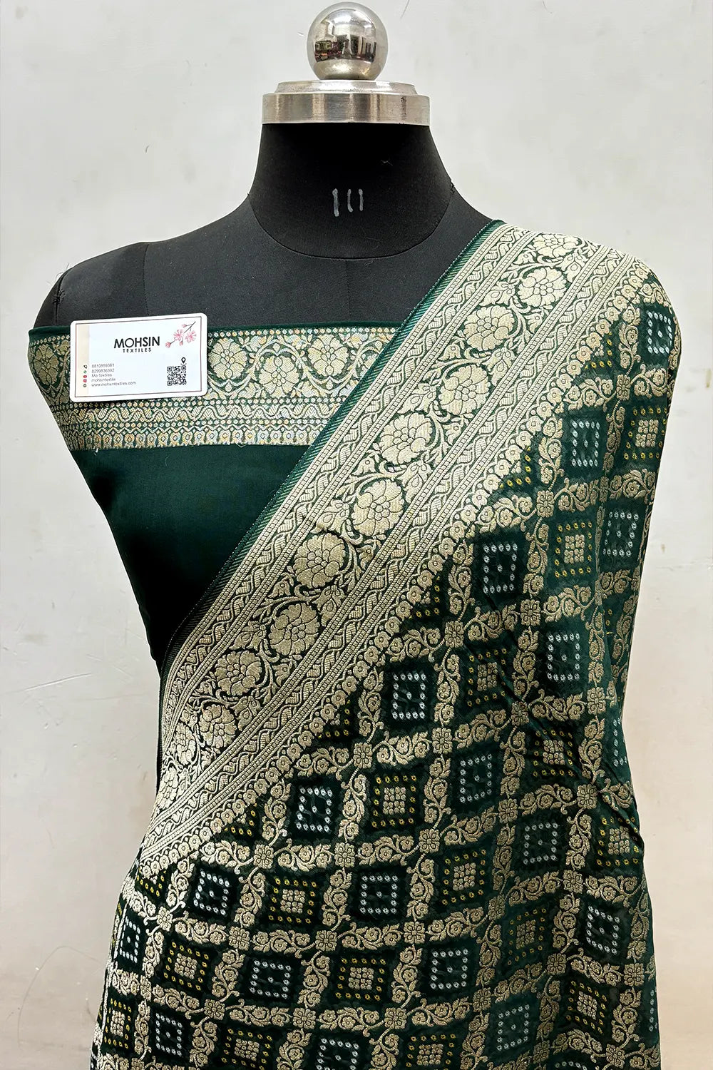 Bottle Green Bandhej Georgette Silk Banarasi Saree