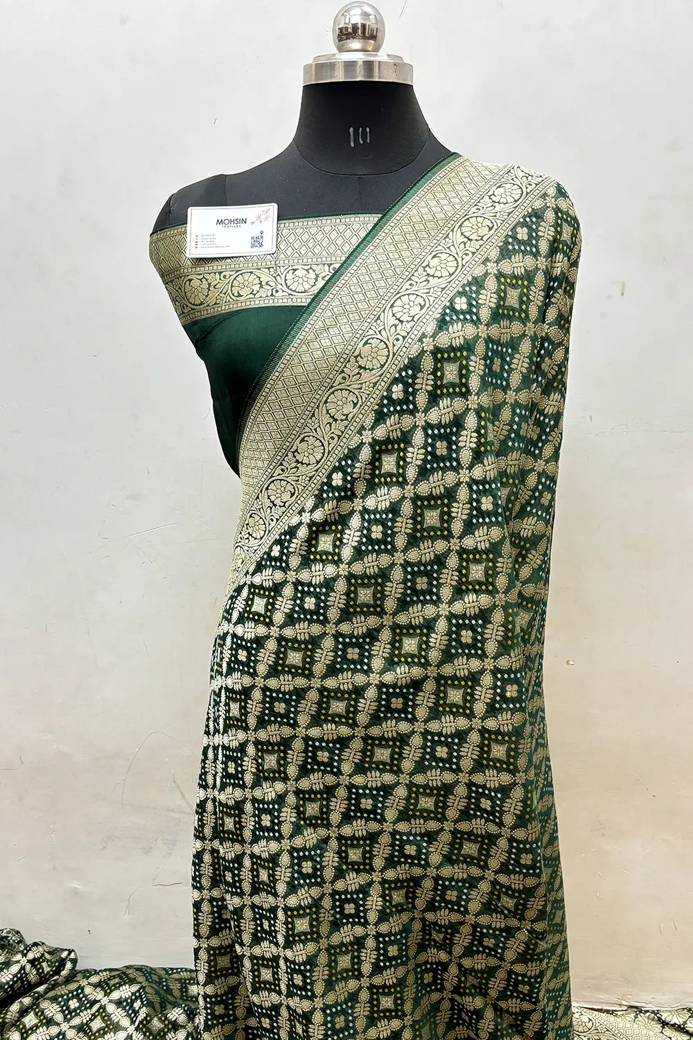 Bottle Green Bandhej Georgette Silk Banarasi Saree