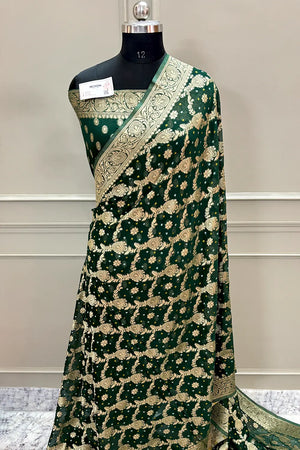 Bottle Green Bandhej Georgette Silk Banarasi Saree