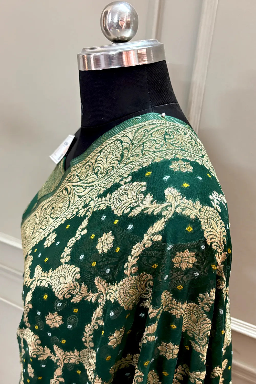 Bottle Green Bandhej Georgette Silk Banarasi Saree