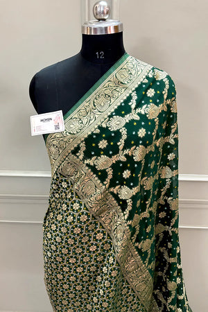 Bottle Green Bandhej Georgette Silk Banarasi Saree