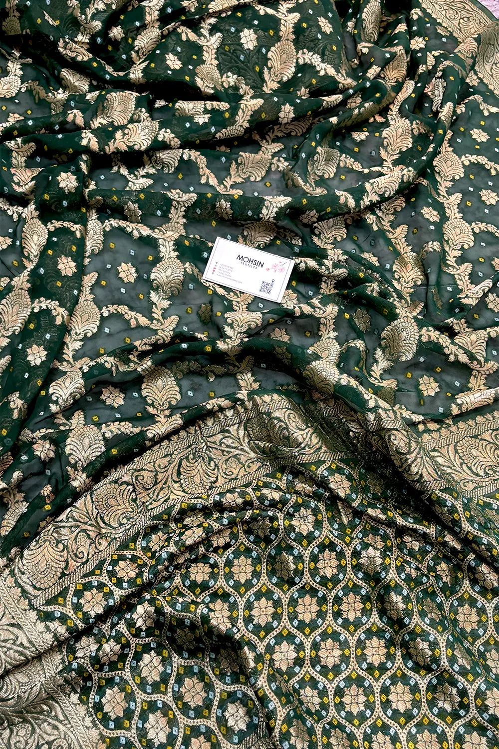 Bottle Green Bandhej Georgette Silk Banarasi Saree