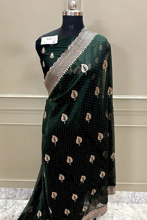 Bottle Green Embordiery Siroski Work Silk Saree