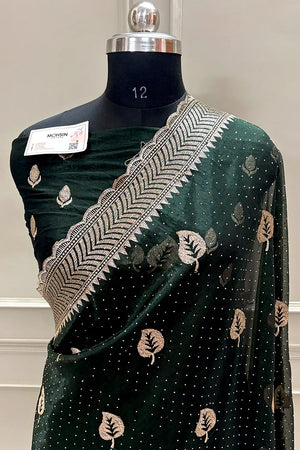 Bottle Green Embordiery Siroski Work Silk Saree