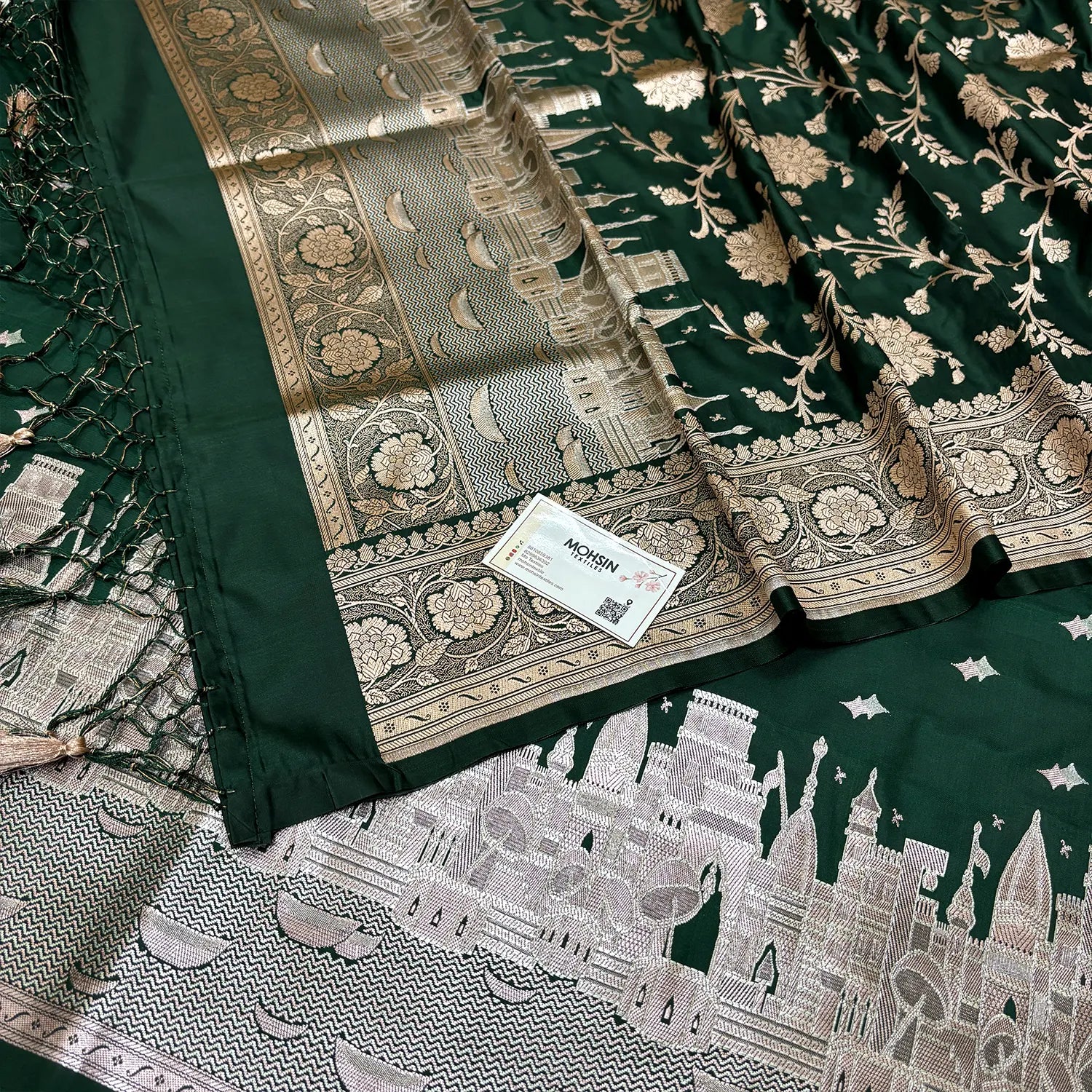 Bottle Green Ganga Ghat Katan Silk Banarasi Suit