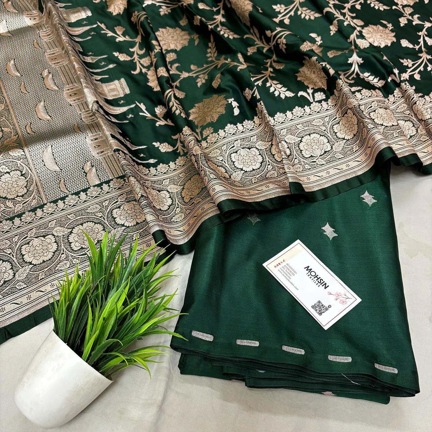 Bottle Green Ganga Ghat Katan Silk Banarasi Suit