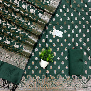 Bottle Green Godzilla Semi Katan Silk Banarasi Suit