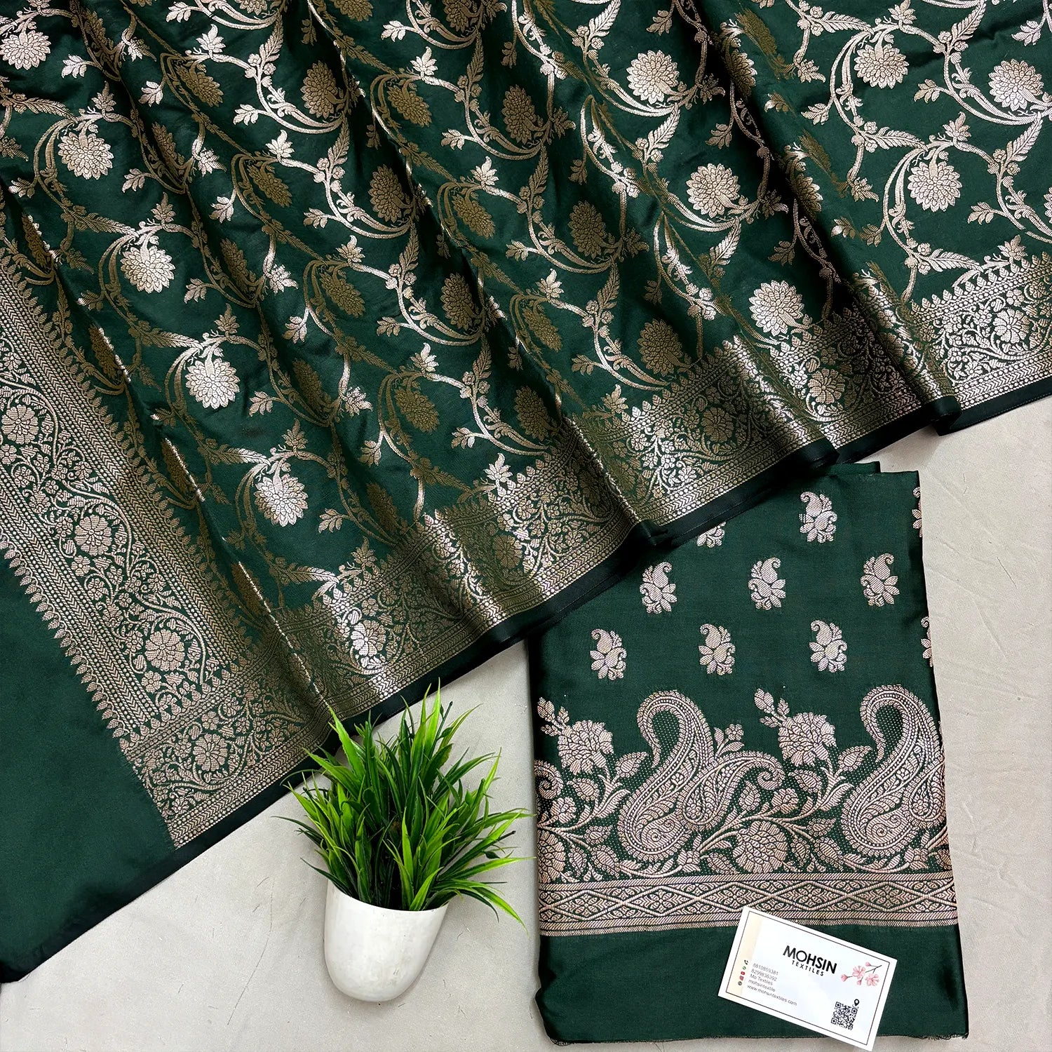 Bottle Green Godzilla Semi Katan Silk Banarasi Suit