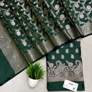 Bottle Green Godzilla Semi Katan Silk Banarasi Suit