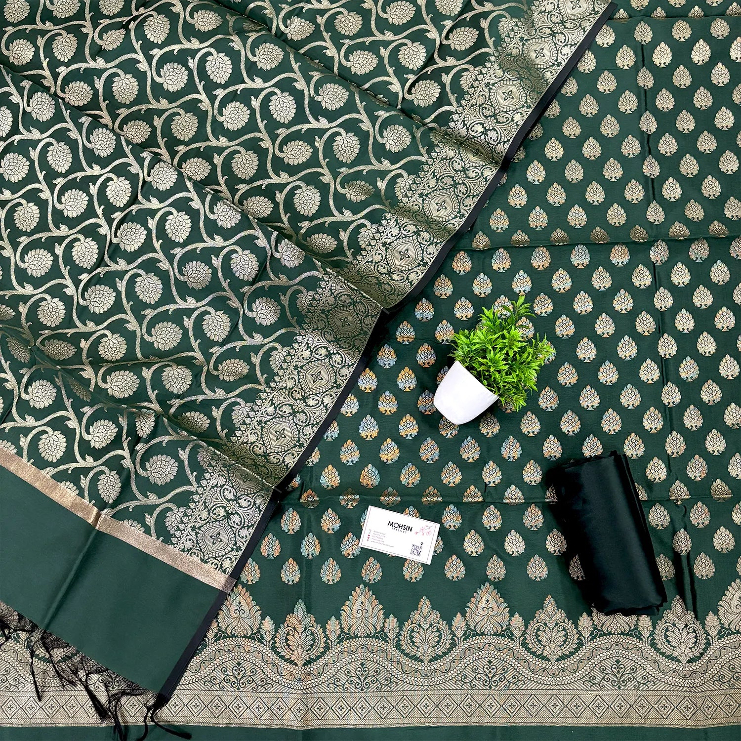 Bottle Green Golden Zari Satin Silk Banarasi Suit