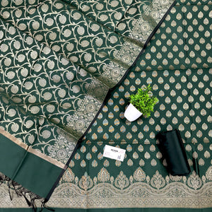 Bottle Green Golden Zari Satin Silk Banarasi Suit